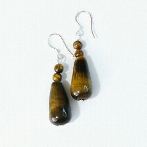 Tiger's Eye Drop Earrings Sterling Silver Hooks 🆕